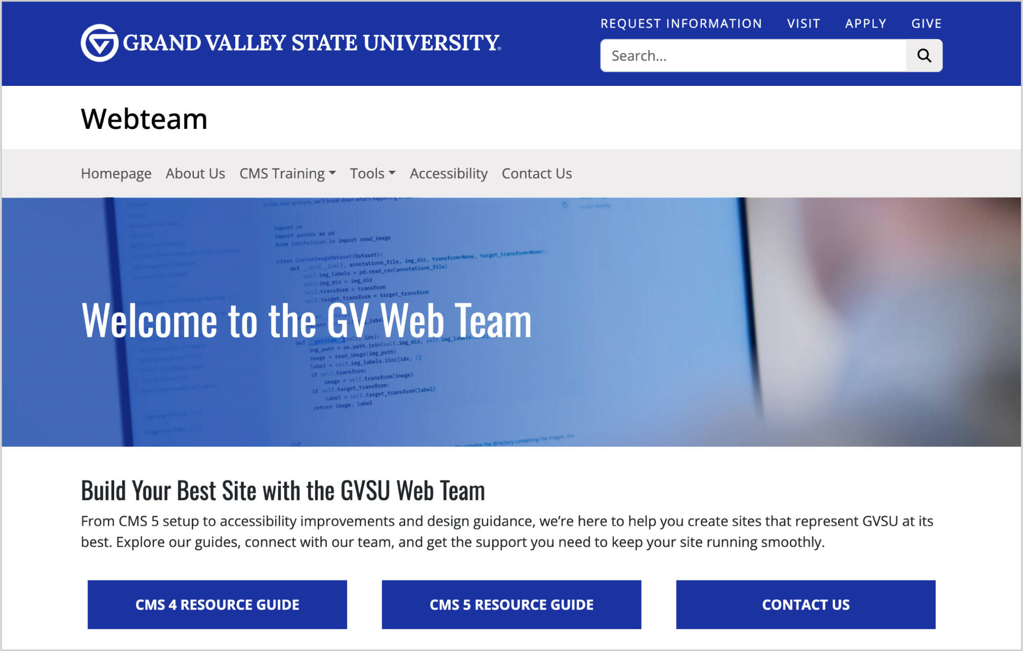 A screenshot of the GV Web Team's website